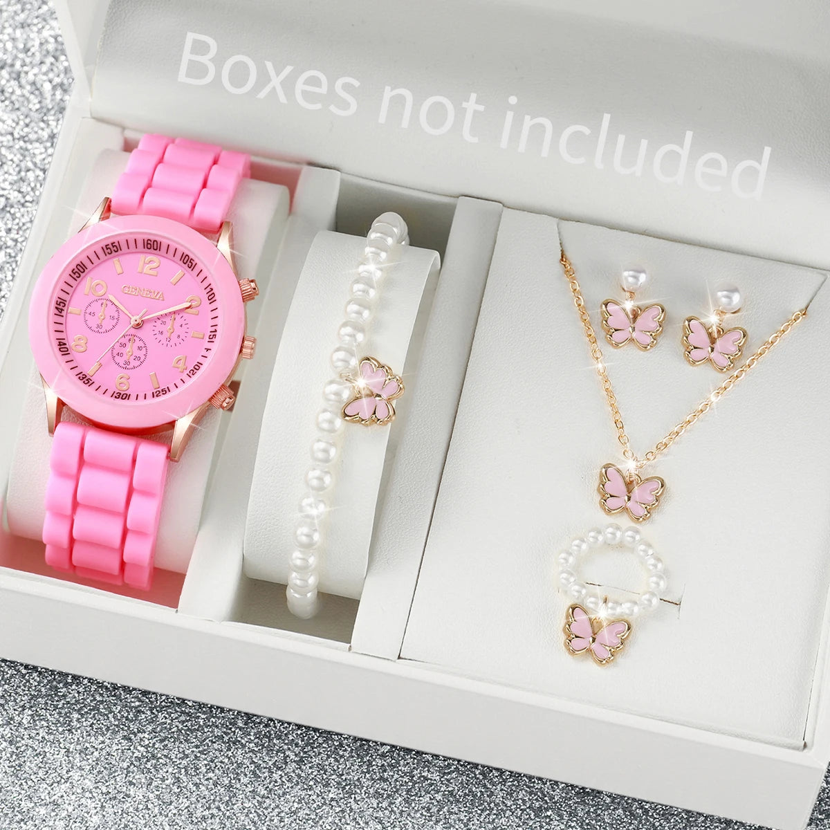 Elegant 6 Piece Women's White Silicone Watch and Jewelry Set