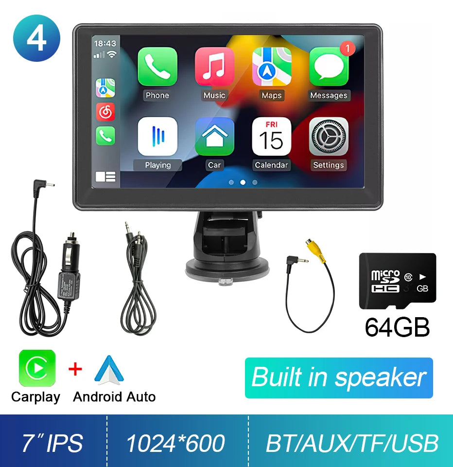 Portable Touch Screen 7inch IPS CarPlay Android Auto Multimedia Video Player