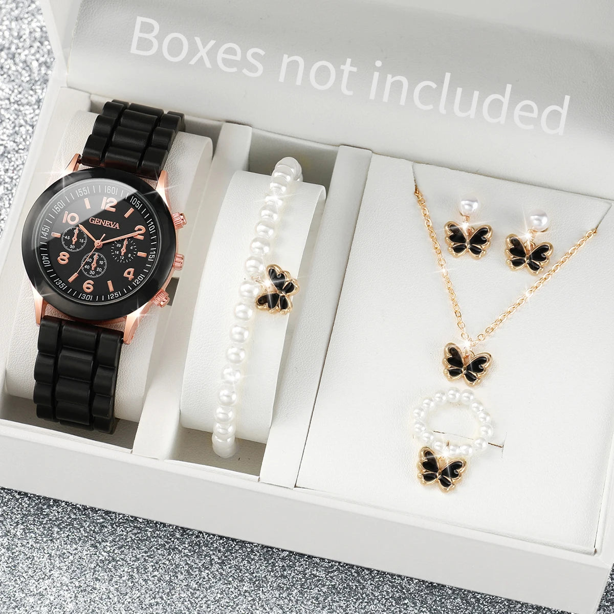 Elegant 6 Piece Women's White Silicone Watch and Jewelry Set