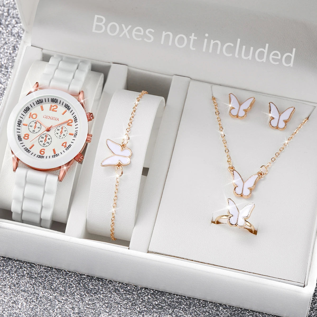 Elegant 6 Piece Women's White Silicone Watch and Jewelry Set
