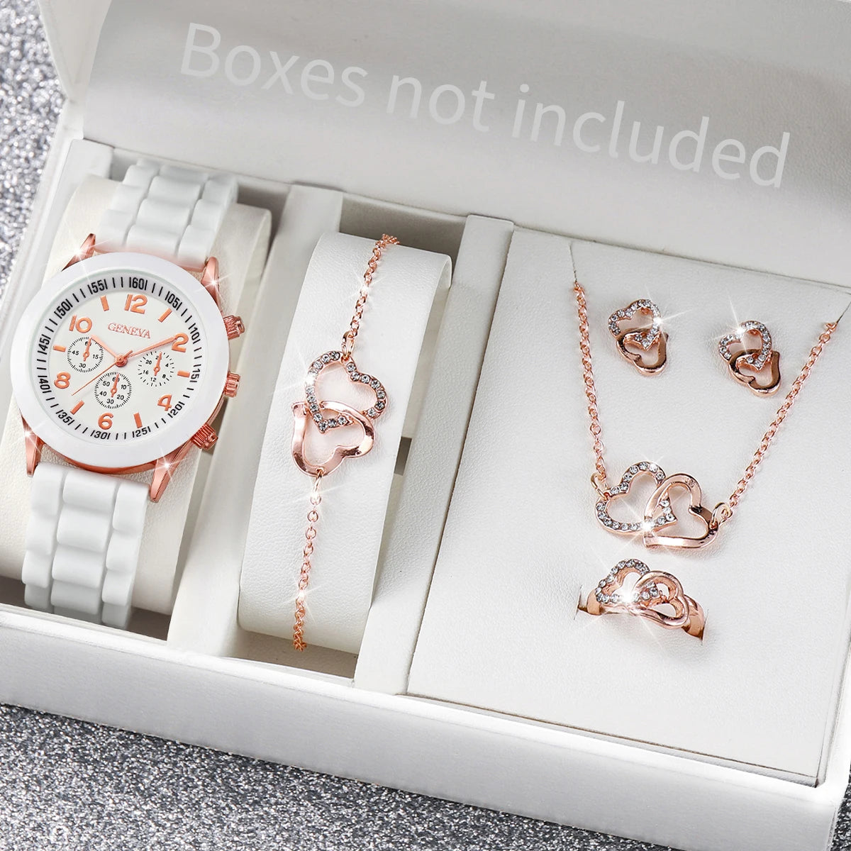 Elegant 6 Piece Women's White Silicone Watch and Jewelry Set