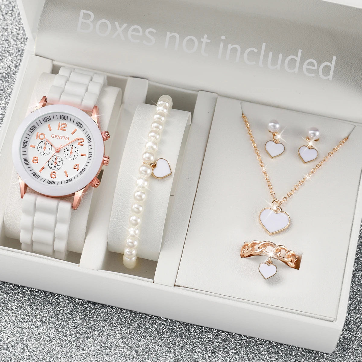 Elegant 6 Piece Women's White Silicone Watch and Jewelry Set