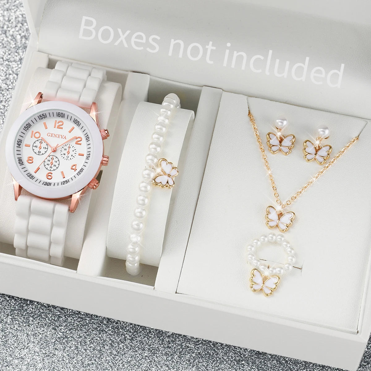 Elegant 6 Piece Women's White Silicone Watch and Jewelry Set