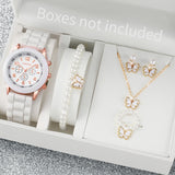 Elegant 6 Piece Women's White Silicone Watch and Jewelry Set