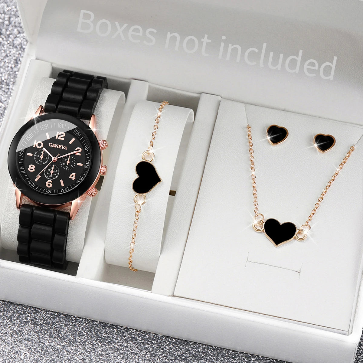 Elegant 6 Piece Women's White Silicone Watch and Jewelry Set
