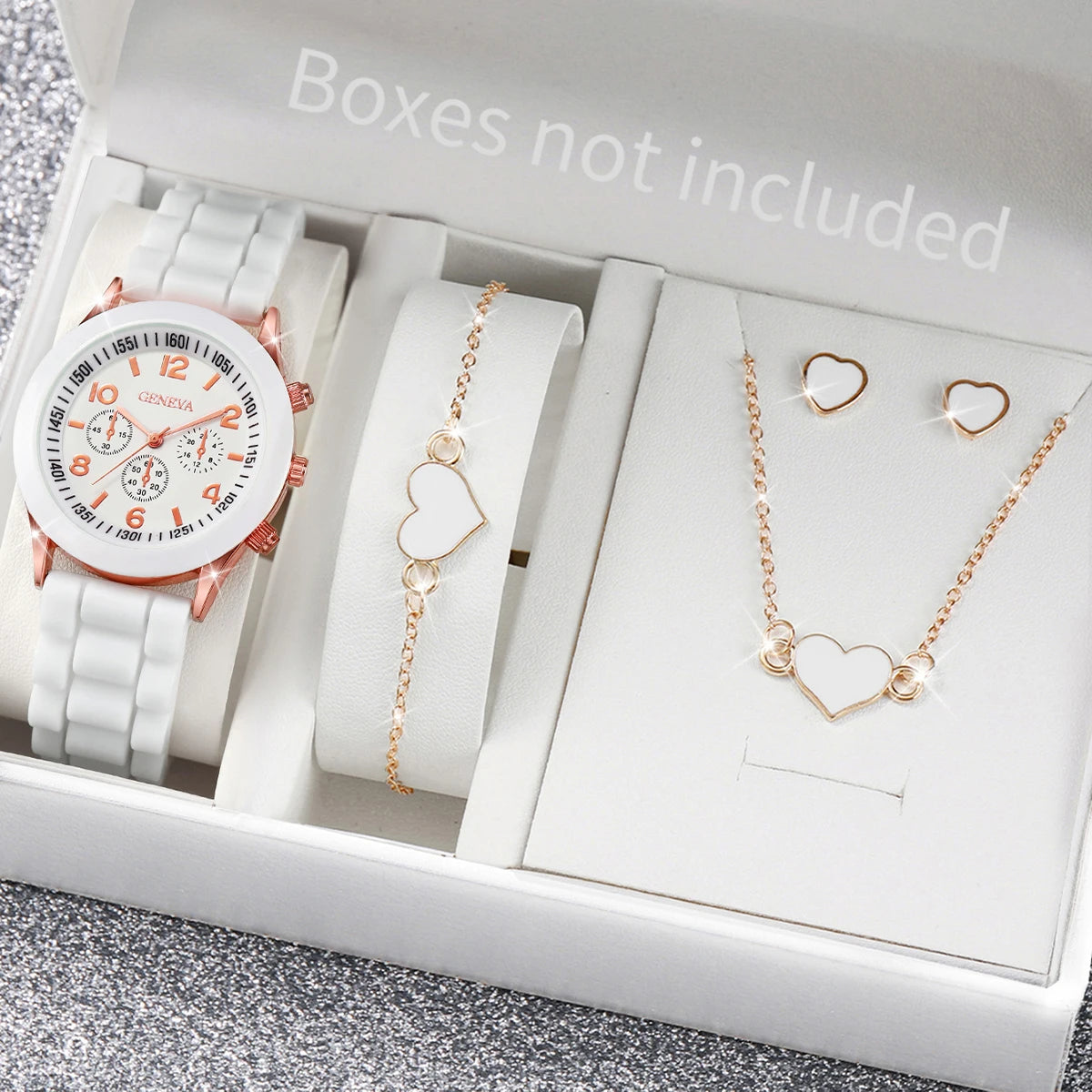 Elegant 6 Piece Women's White Silicone Watch and Jewelry Set
