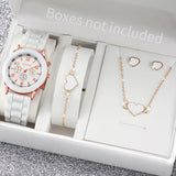 Elegant 6 Piece Women's White Silicone Watch and Jewelry Set